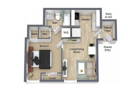 Floor plan for 1 bed, 1 bath, 500 sqft